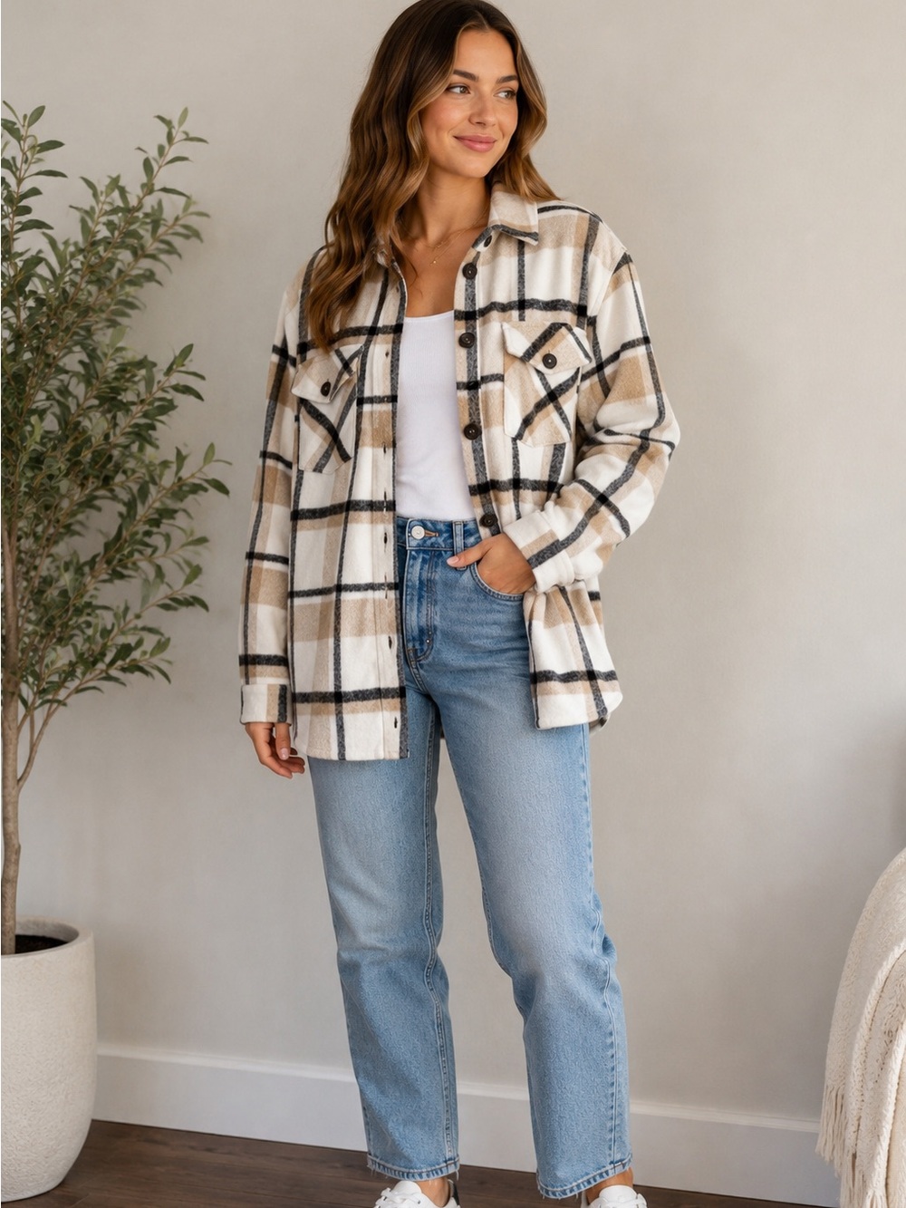 Thread & Supply Plaid Shacket Jacket Womens Medium‎ Neutral Oversized Cabincore